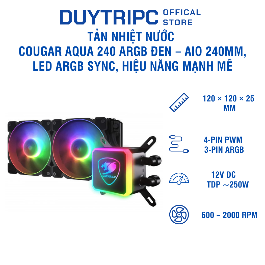 Tản nhiệt nước Cougar Aqua 240 ARGB Đen – AIO 240mm, LED ARGB Sync, hiệu năng mạnh mẽ